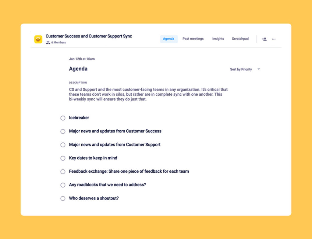 Customer success and customer support team sync meeting template