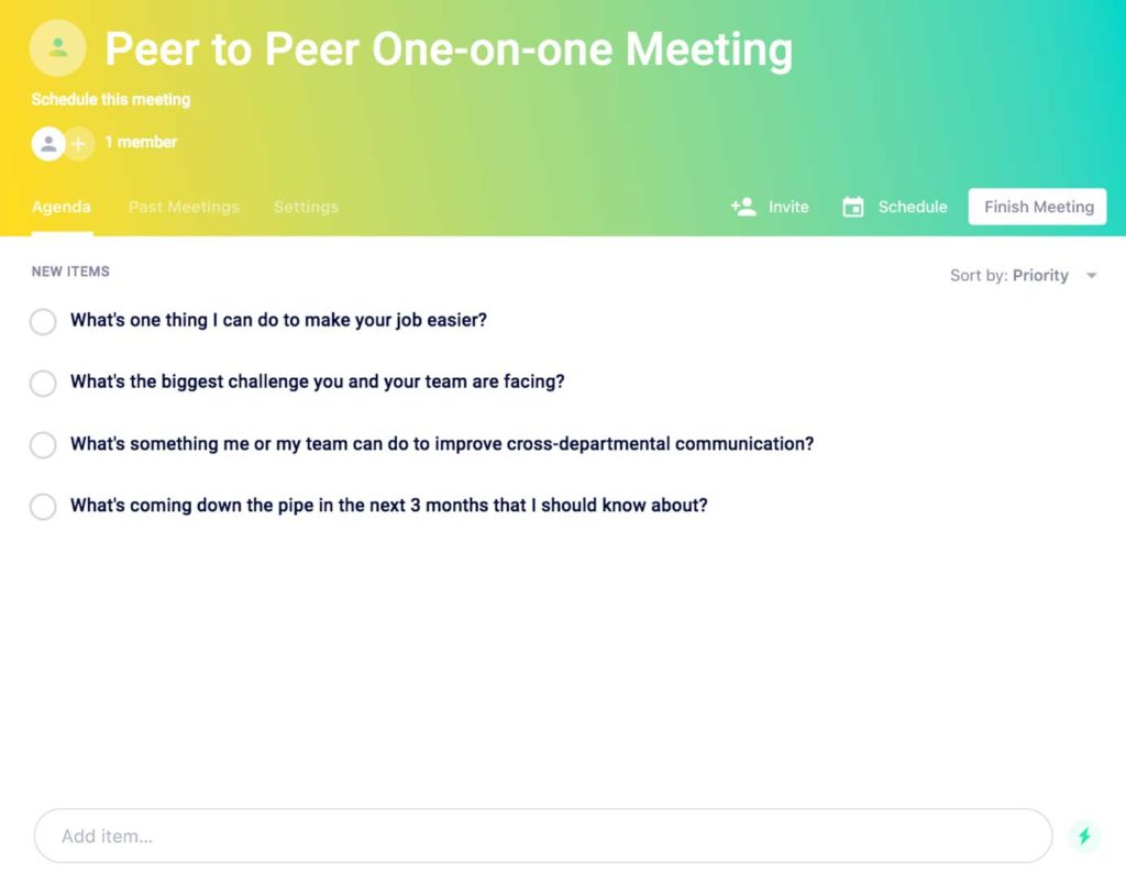 Peer to peer one-on-one meeting agenda template