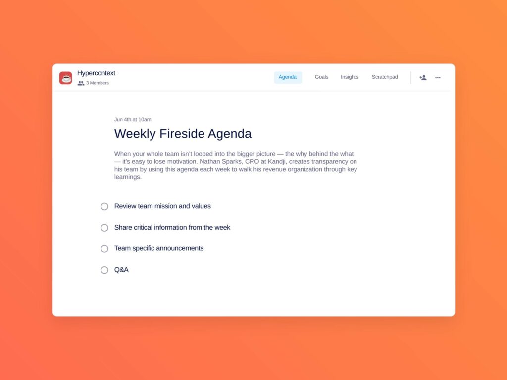 Weekly fireside meeting template