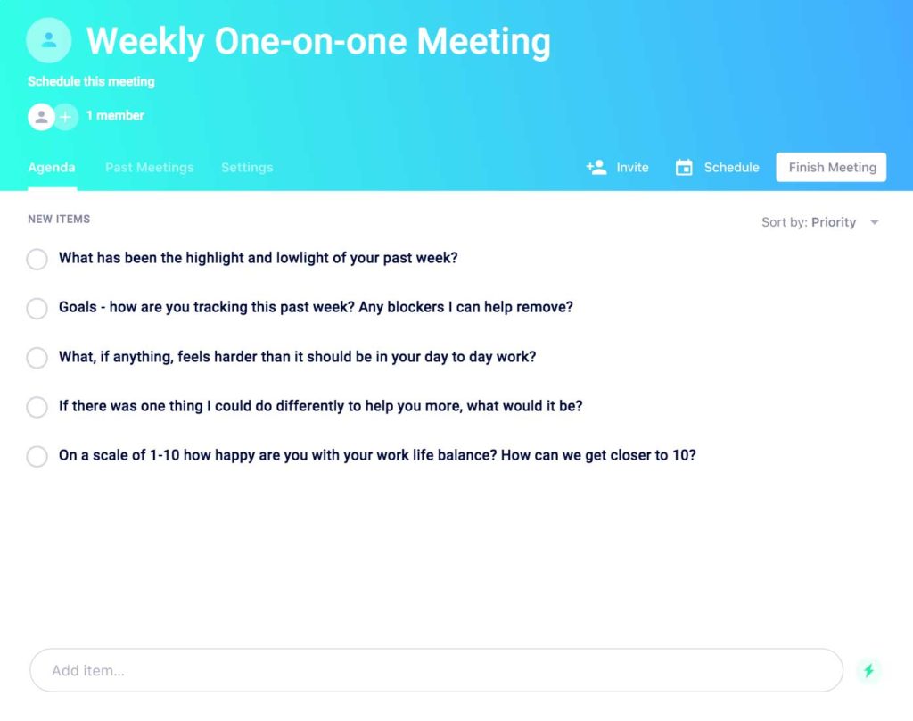 Weekly one-on-one meeting agenda template