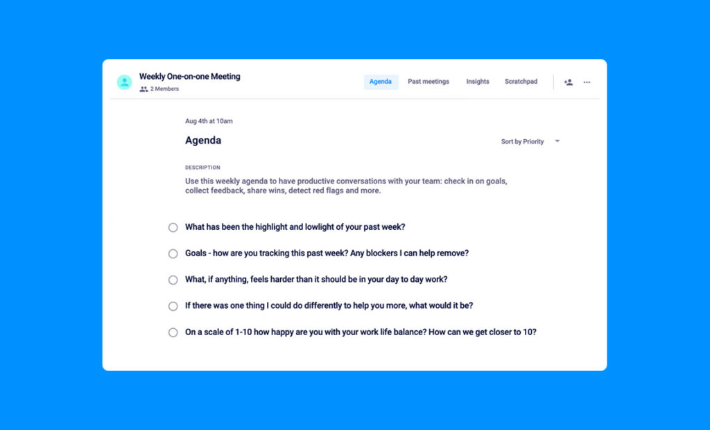 Weekly one-on-one meeting agenda template