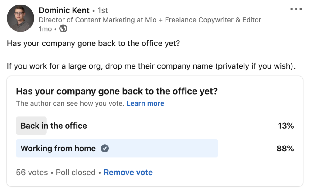 Dominic Kent poll about back to office vs. work from home