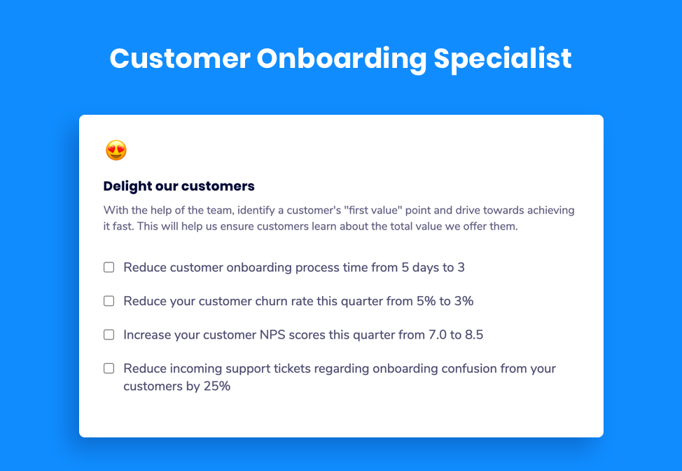 Customer Onboarding Specialist goal examples